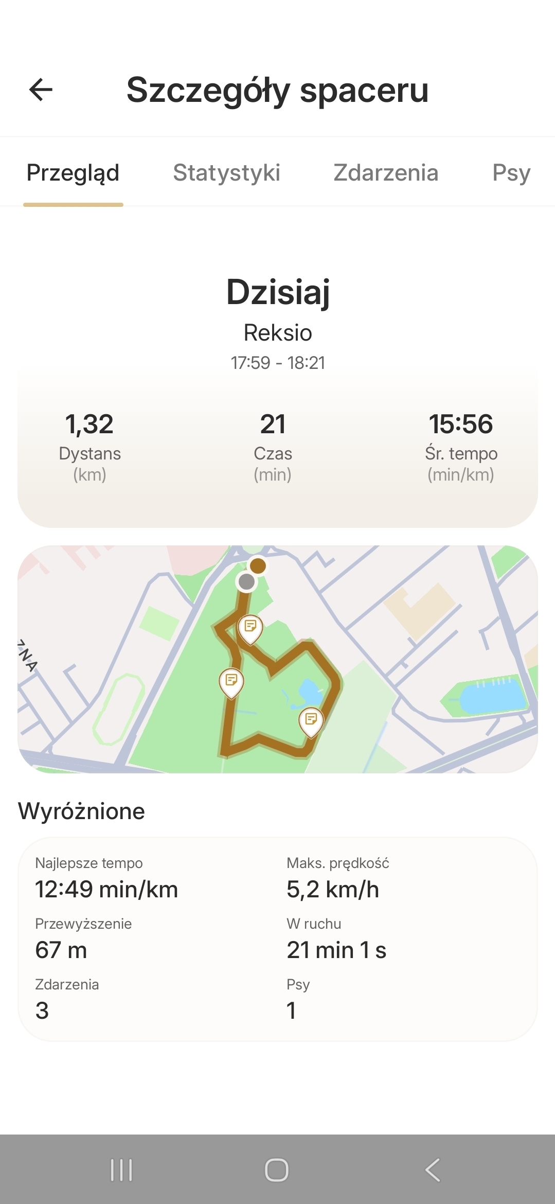 Przegląd spaceru - Mapa z pinezkami zdarzeń