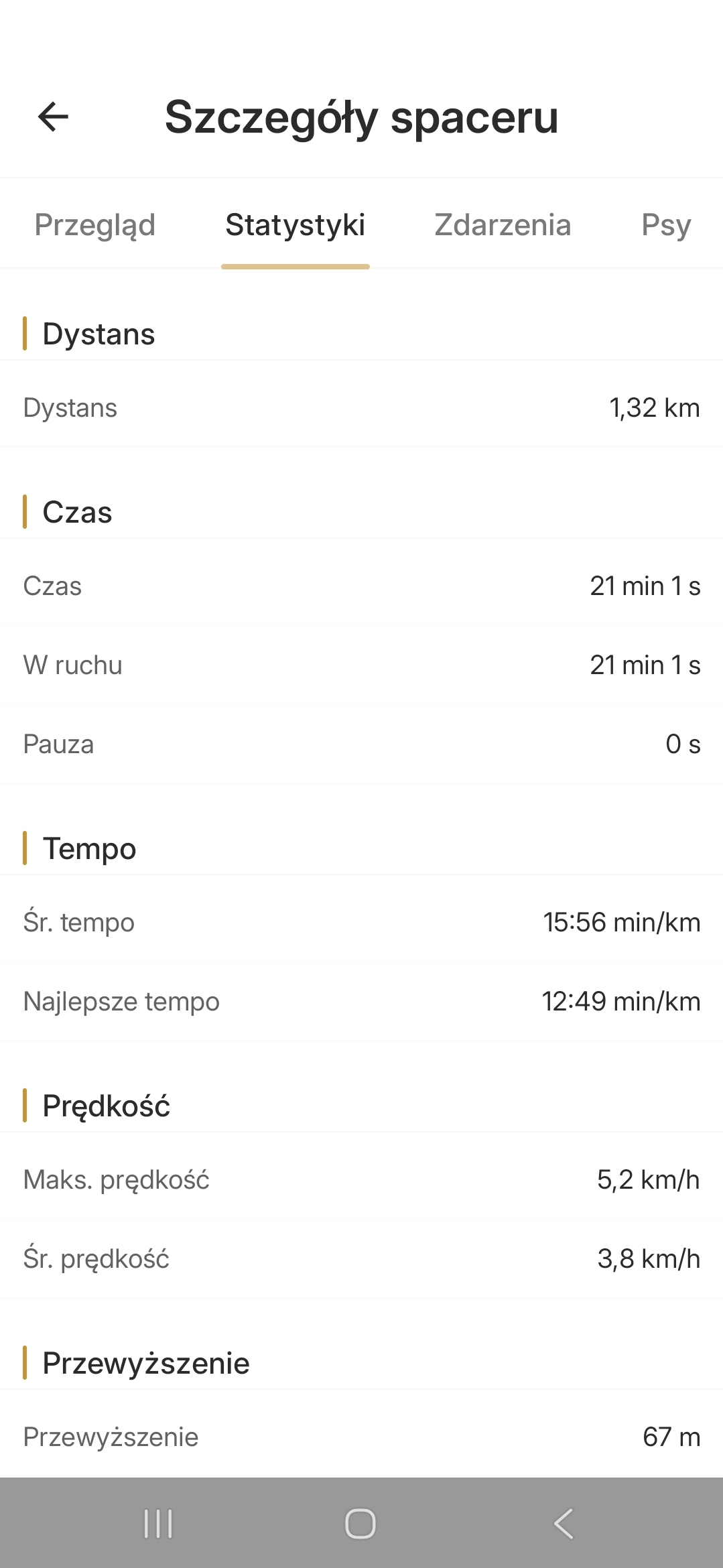 Statystyki spaceru - Czas, tempo, prędkość, przewyższenie
